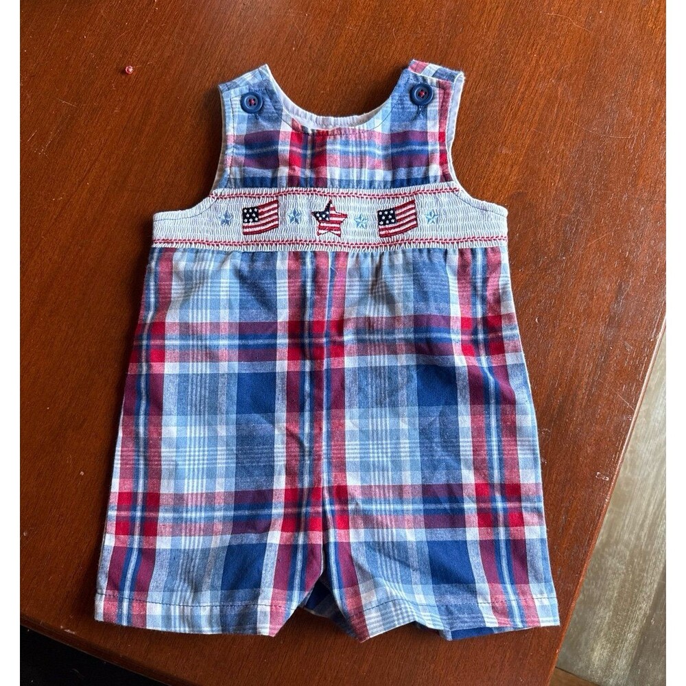 GOOD LAD Smocked baby USA american plaid romper NWT